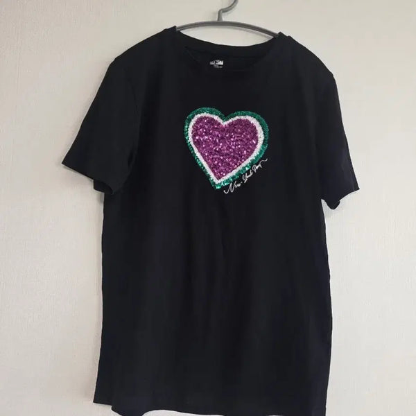 [BUNJANG] Black Heart Sequin Short Sleeve T-Shirt / 검정 하트 스팽글 반팔 티셔츠