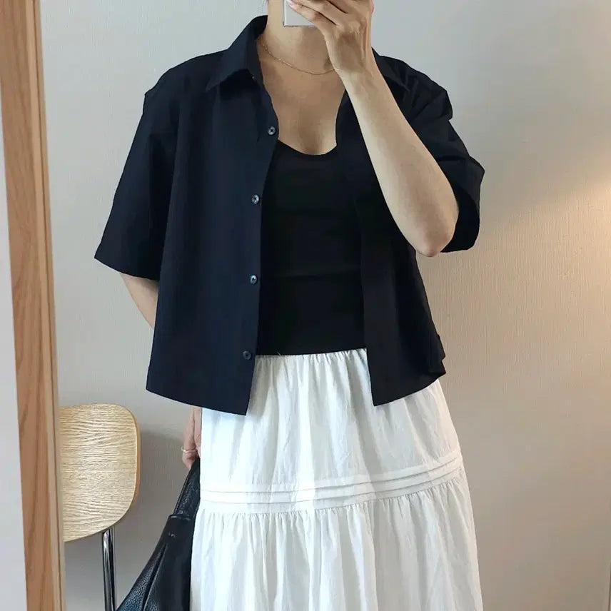 [BUNJANG] (F)O'CLOCK Black Wrinkle Short Sleeve Shirt / (F)O'CLOCK 여성 반팔 셔츠 블랙 링클 H16W3314