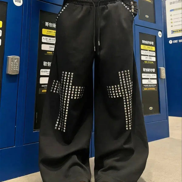 [BUNJANG] Cross Black Pants Vintage Y2K Wide Studded / 십자가 블랙 팬츠 바지 트레이닝 빈티지 y2k 갸루 와이드 스터드