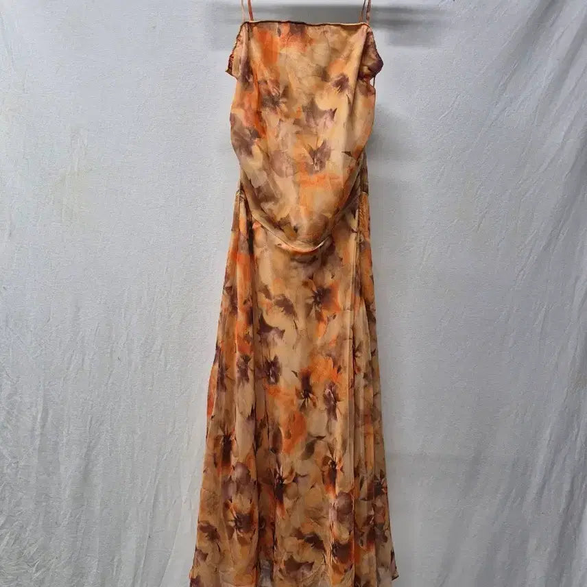 [BUNJANG] Flower Chiffon Long Dress Orange S / 플라워 쉬폰 롱 원피스 오렌지 S