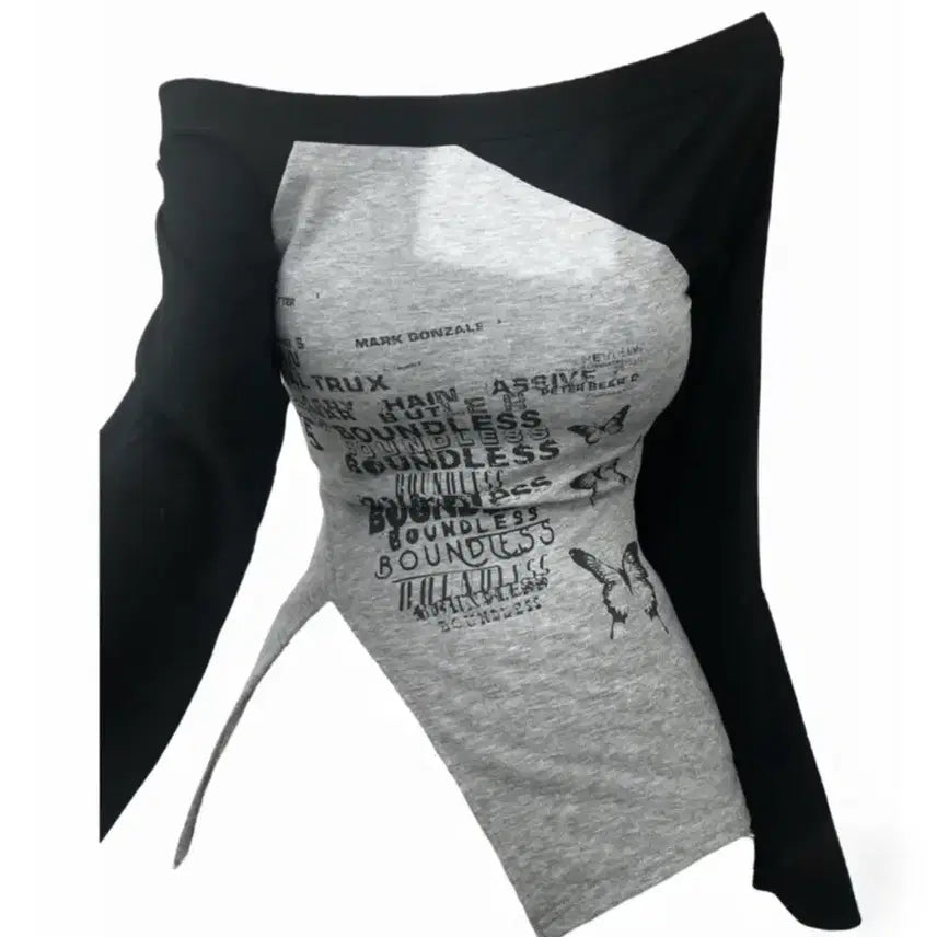 [BUNJANG] Asymmetric Cutout Long Sleeve T-Shirt Black/Gray / 언발란스 컷아웃 긴팔 티셔츠 블랙그레이
