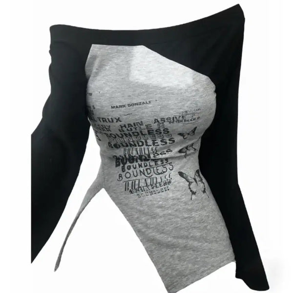 [BUNJANG] Asymmetric Cutout Long Sleeve T-Shirt Black/Gray / 언발란스 컷아웃 긴팔 티셔츠 블랙그레이