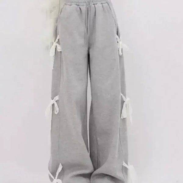 [BUNJANG] Ribbon String Wide Training Pants - Light Grey / 리본 스트링 와이드 트레이닝 팬츠 연그레이