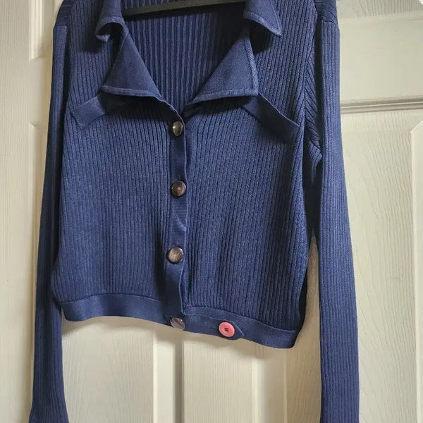 [BUNJANG] Jessica Navy Ribbed Collar Cardigan (M) / JESSICA 네이비 골지 카라 가디건 M