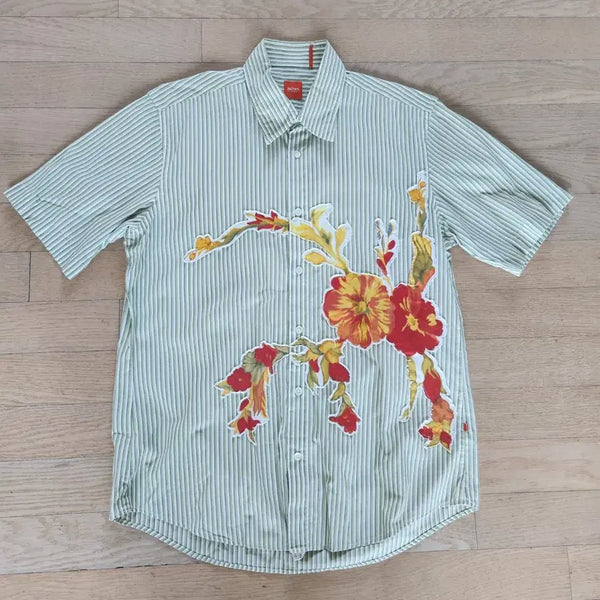 [BUNJANG] HUGO BOSS Striped Floral Short Sleeve Shirt Men's M / HUGO BOSS 스트라이프 플라워 반팔 셔츠 남성 M