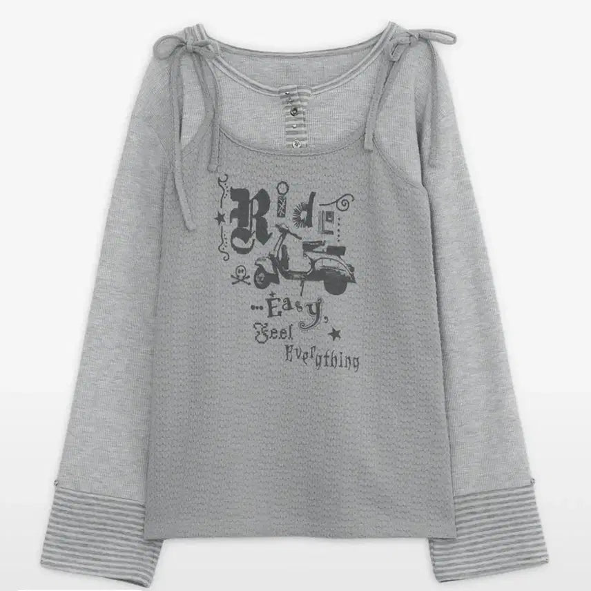 [BUNJANG] Hug Yourskin Print Layered Henley Neck T-Shirt Grey / 허그유어스킨 허유스 프린트 레이어드 헨리넥 티 그레이