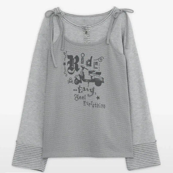 [BUNJANG] Hug Yourskin Print Layered Henley Neck T-Shirt Grey / 허그유어스킨 허유스 프린트 레이어드 헨리넥 티 그레이