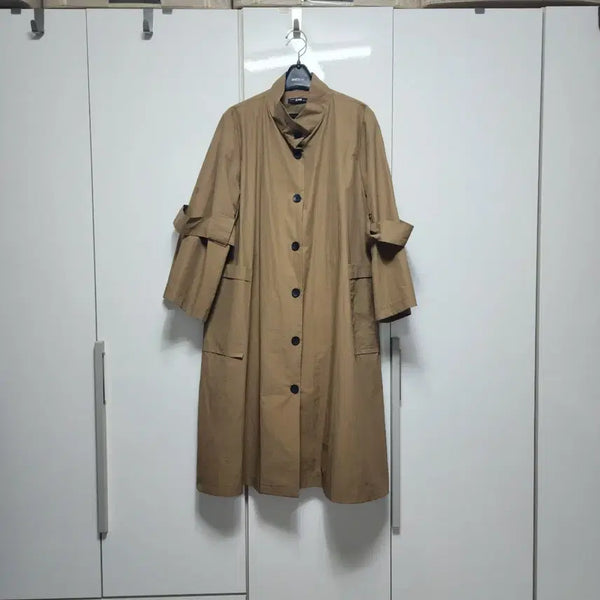 [BUNJANG] Long High-Neck Trench Coat with Sleeve Strap Detail - Khaki Beige / 롱 트렌치 코트 진베이지 소매 스트랩 장식 하이넥 베이지 트렌치코트