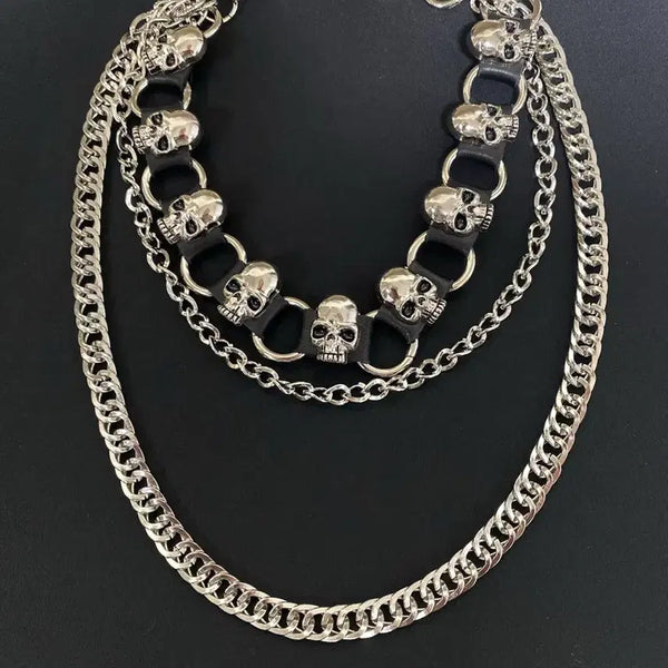 [BUNJANG] Skull Triple Layer Chain Necklace / 스컬 트리플 팬츠 체인