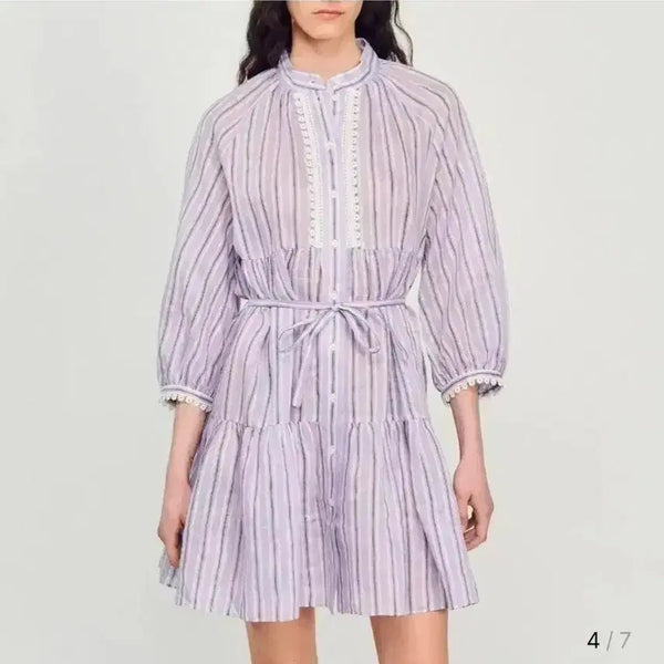 [BUNJANG] Sandro Linen Blend Striped Dress / 산드로 린넨 블렌드 쇼츠  스트라이프 원피스 38(66)사이즈