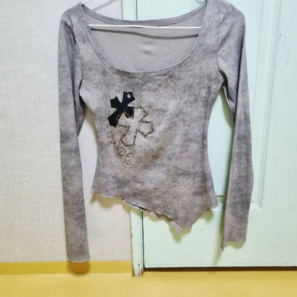 [BUNJANG] Cropped Long-Sleeve T-Shirt with Cubic Detail / (새상품)허리쏙 크롭 티셔츠