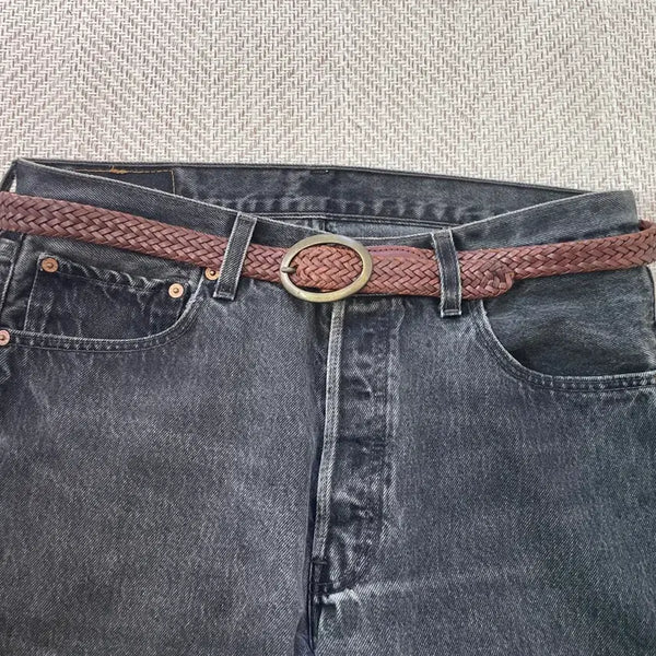 [BUNJANG] Vintage Braided Leather Oval Buckle Belt / 빈티지 브레이디드 레더 오벌 버클 벨트