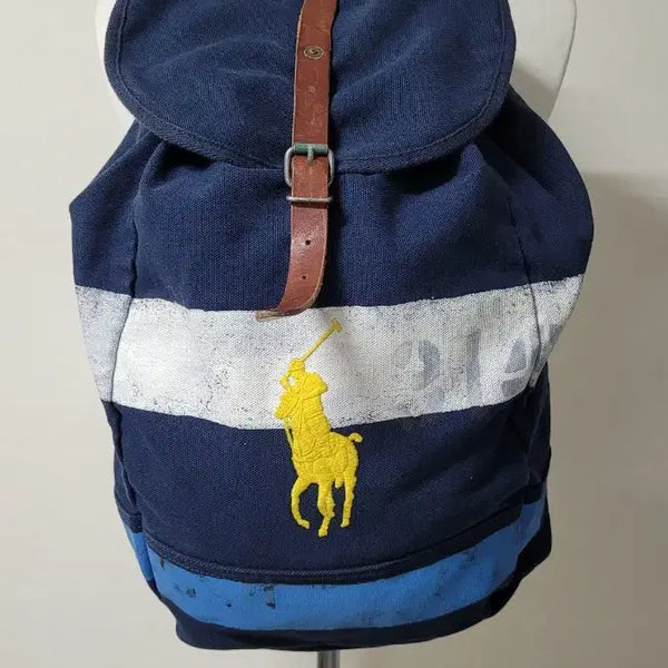 [BUNJANG] Polo Ralph Lauren Vintage Big Pony Stripe Canvas Rucksack Double Prong Buckle Leather Aged / 폴로랄프로렌 빈티지 빅포니 스트라이프 캔버스 럭색 더블프롱버클 가죽에이징