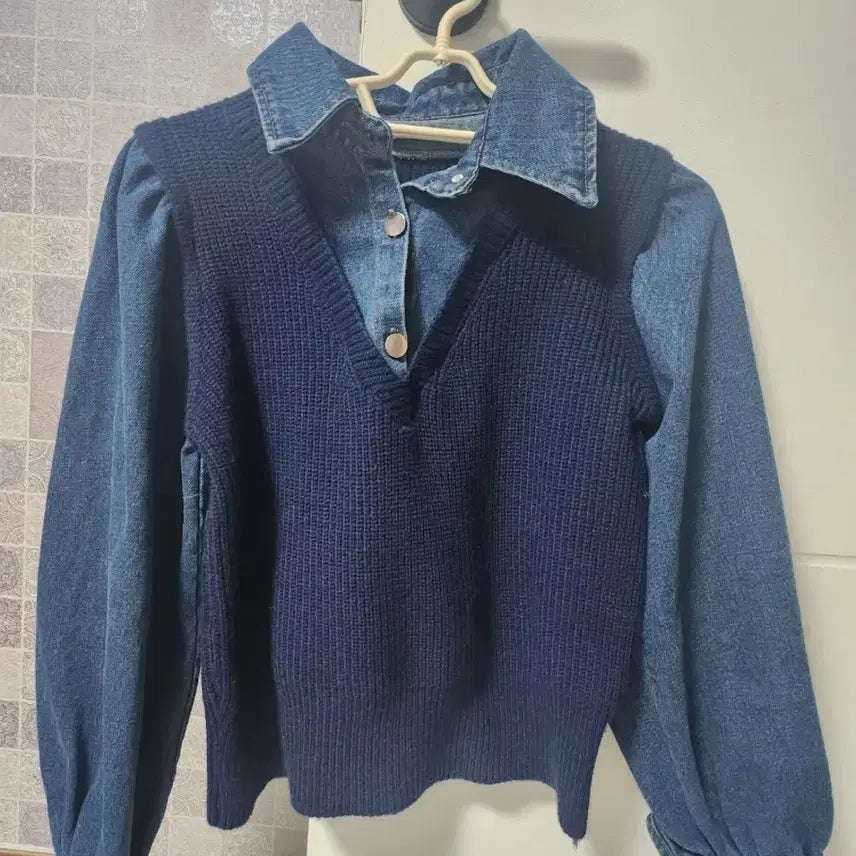 [BUNJANG] Knit Denim Layered Blouse / 니트 데님 레이어드 블라우스