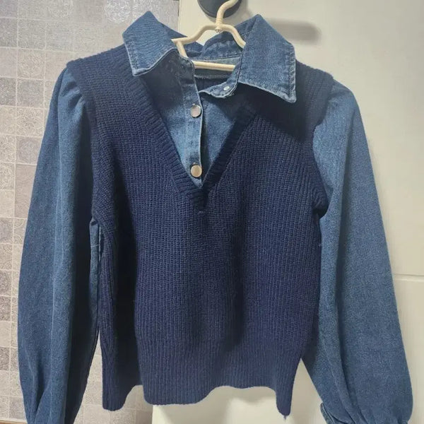 [BUNJANG] Knit Denim Layered Blouse / 니트 데님 레이어드 블라우스
