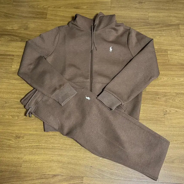 [BUNJANG] Polo Ralph Lauren Double Knit Full Zip Hoodie & Jogger Pants Set - Brown, Size M / 폴로 더블니트 풀지퍼후디 조거팬츠 브라운 M 실착5회