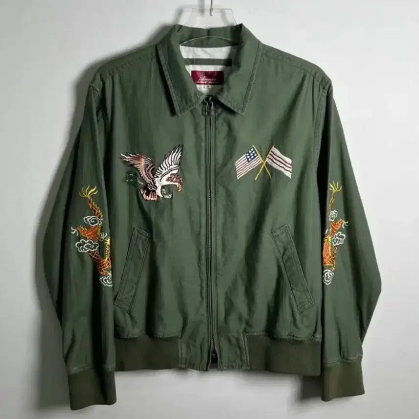 [BUNJANG] Avirex Khaki Cotton Embroidered Souvenir Jacket Sukajan / [M] 아비렉스 카키 코튼 자수 수베니어 자켓 스카잔