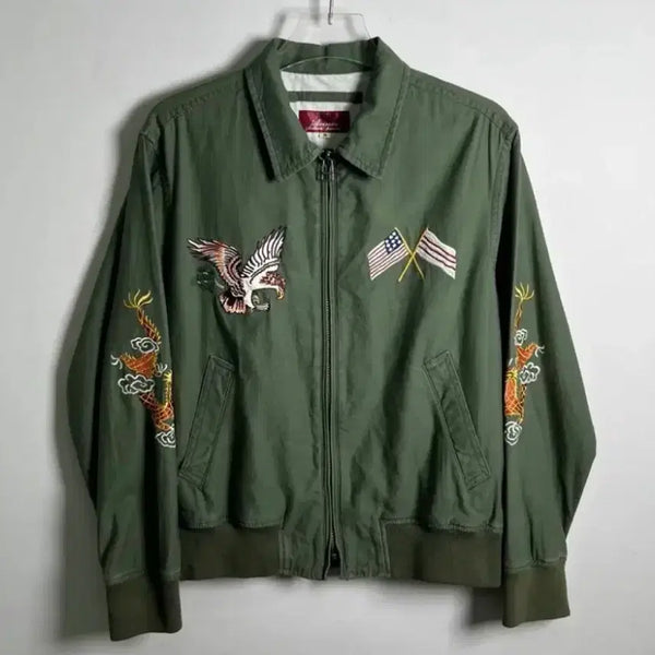 [BUNJANG] Avirex Khaki Cotton Embroidered Souvenir Jacket Sukajan / [M] 아비렉스 카키 코튼 자수 수베니어 자켓 스카잔