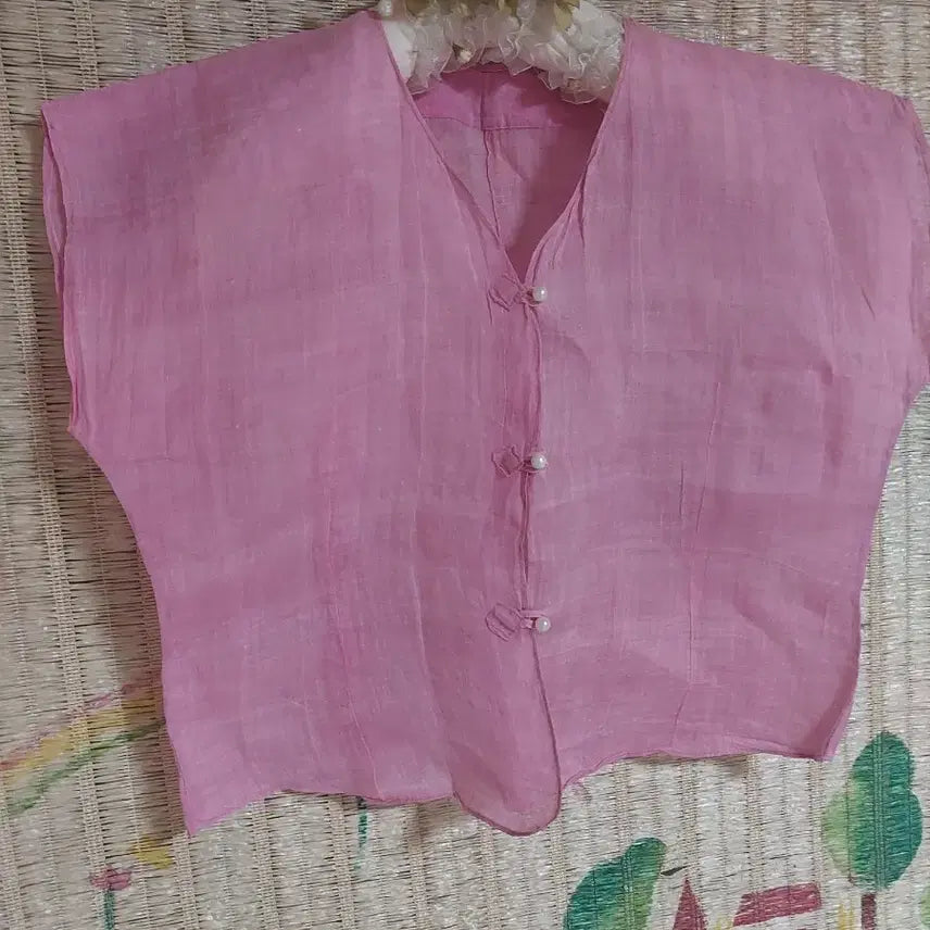 [BUNJANG] Ramie Blend Pink Short Sleeve Blouse with Pearl Button Closure / 모시 마 핑크색 반팔  진주단추 여밈