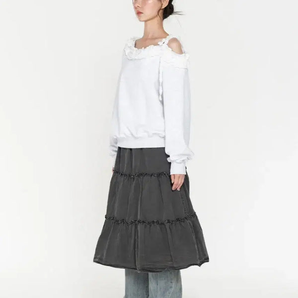 [BUNJANG] High School Disco One Shoulder Frill Sweatshirt / 하이스쿨디스코 원숄더 프릴맨투맨