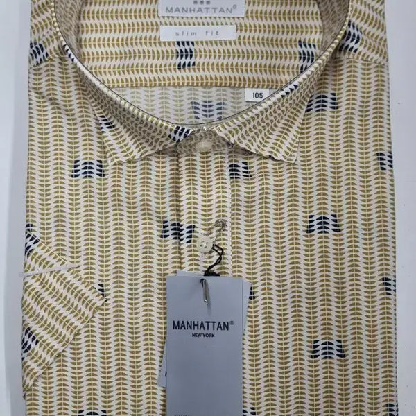 [BUNJANG] Slim Fit Yellow Pattern Short-Sleeve Shirt / 국산 슬림핏 옐로우패턴 반팔 셔츠 새상품