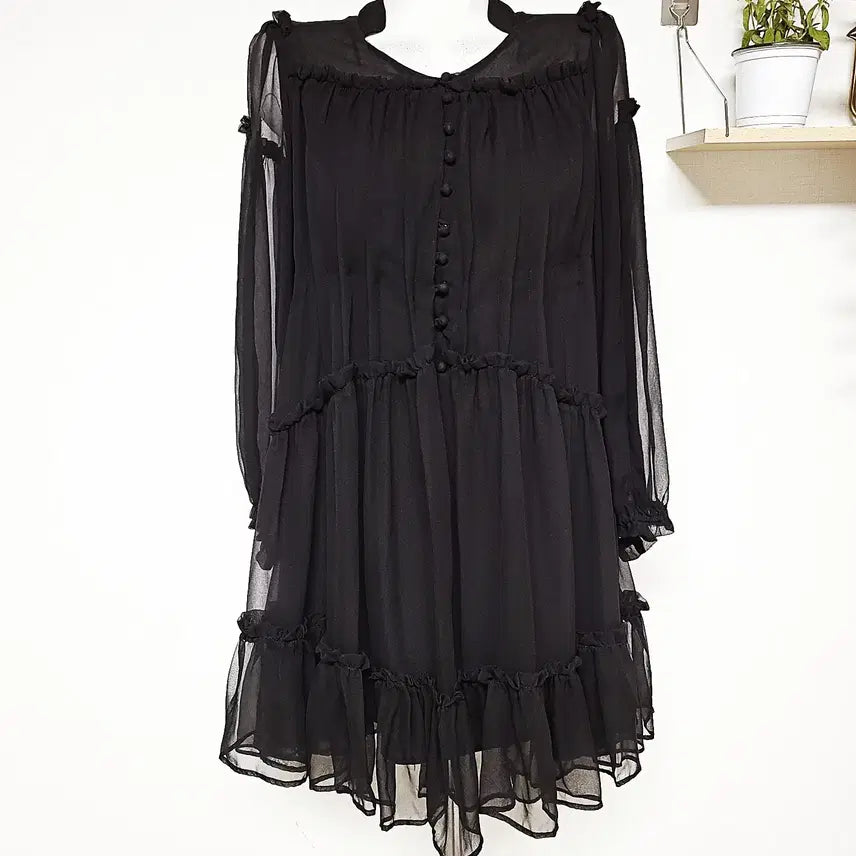 [BUNJANG] 100% Silk Sheer Ruffle Tiered Mini Dress - Black / 실크100% 시어 러플 티어드 미니원피스 55 블랙