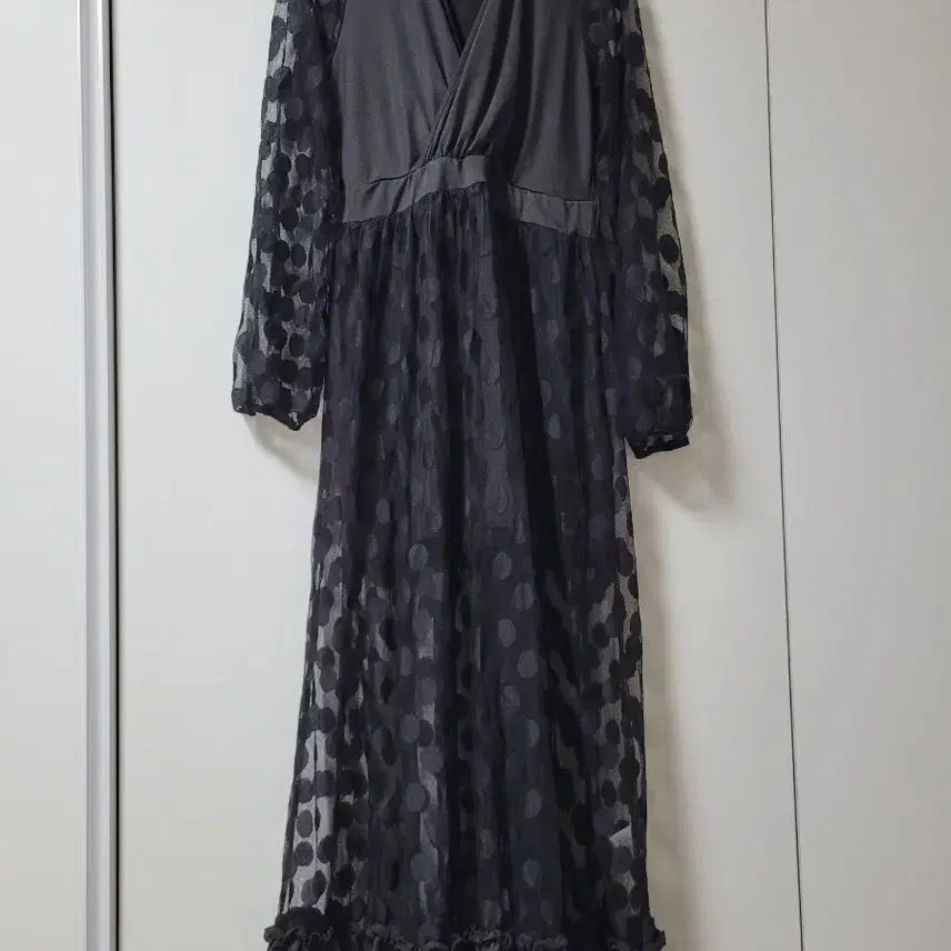 [BUNJANG] Black Dot See-Through Long Dress / 블랙 도트 시스루 롱 원피스