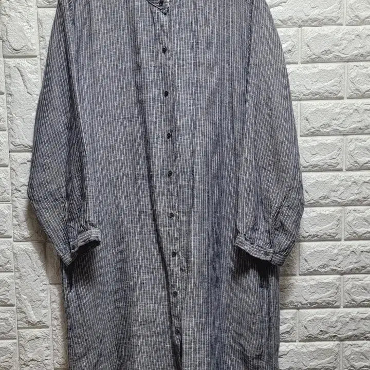 [BUNJANG] Rayon Stripe Henley Neck Long Shirt Dress / 마.레이온 헨리넥 스트라이프 롱 셔츠 원피스