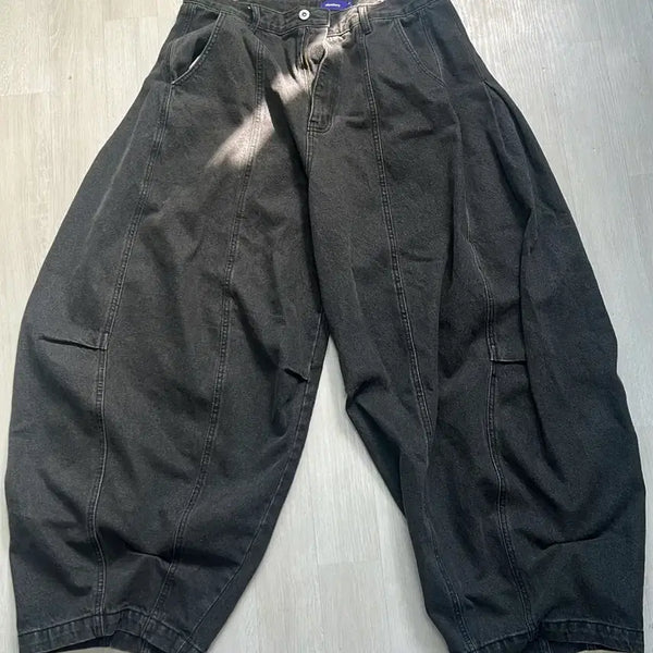 [BUNJANG] Curved Denim Wide Pants (Black Indigo) / 커브드 데님 흑청 와이드팬츠