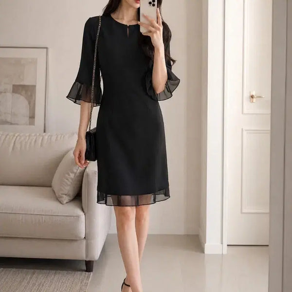 [BUNJANG] Black Midi Dress with Wrist Frills / 손목 프릴이 예쁜 검정 원피스 봄, 여름,가을