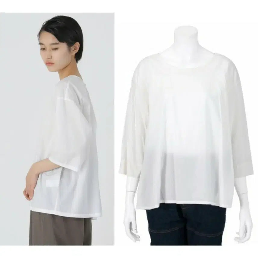 [BUNJANG] ZUCCA White Cotton-Lyocell Blend Loose Fit See-Through Blouse / ZUCCA 주카 화이트 코튼리오셀 혼방 루스핏 시스루 블라우스