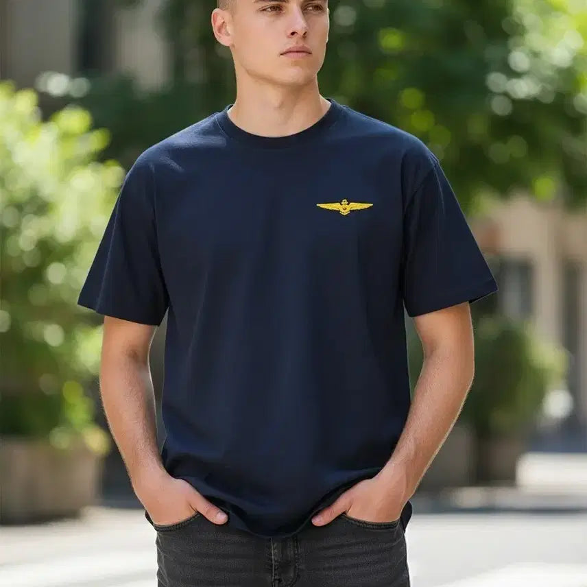 [BUNJANG] Navy Short Sleeve T-Shirt with Gold Wing Embroidery / 네이비 반팔 티셔츠 + 금색 날개 자수