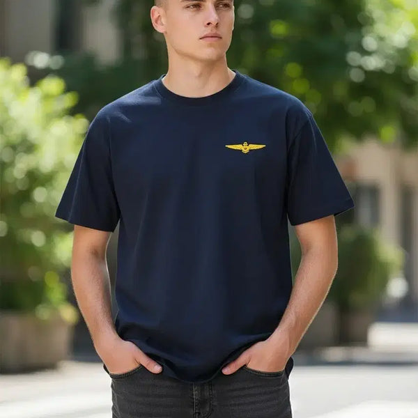 [BUNJANG] Navy Short Sleeve T-Shirt with Gold Wing Embroidery / 네이비 반팔 티셔츠 + 금색 날개 자수