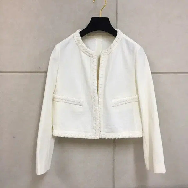 [BUNJANG] Mines by Hansome White Ivory Cotton Linen Blend Crop Tweed Jacket / 한섬 마인 일본원단 면+마원단 화이트 아이보리 크롭 린넨 트위드자켓