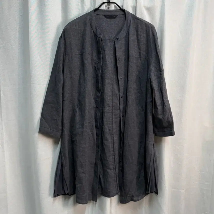 [BUNJANG] Flamingo Linen Mandarin Collar Pleated Long Jacket / [FREE] FLAMINGO 차이나넥 셔츠 플리츠 린넨 마 롱 자켓