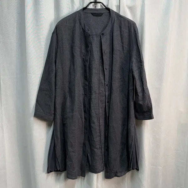 [BUNJANG] Flamingo Linen Mandarin Collar Pleated Long Jacket / [FREE] FLAMINGO 차이나넥 셔츠 플리츠 린넨 마 롱 자켓