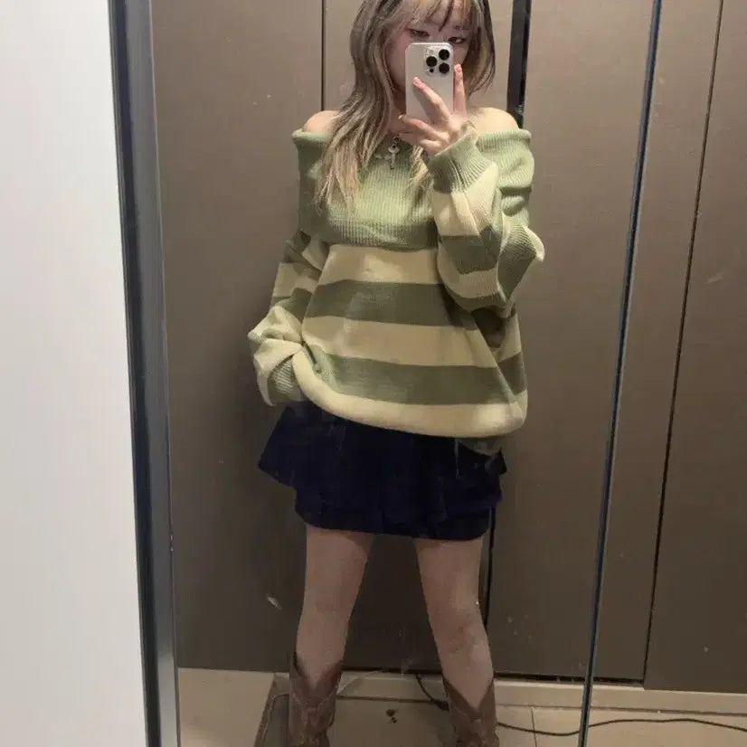 [BUNJANG] Vintage Mint Stripe Off-Shoulder Knit Top & Blue Short Skirt Co-ord Set / 빈티지 청순 여리 민트 코디 세트