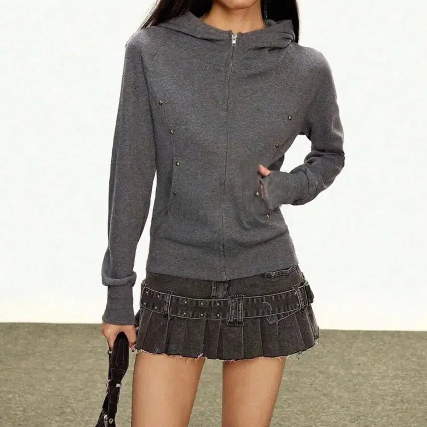 [BUNJANG] Unisex Charcoal Zippered Hoodie (One Size) / 차콜 찡 후드집업