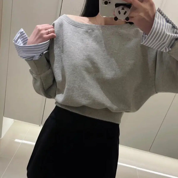 [BUNJANG] Striped Layered Cropped Sweatshirt / 크롭 레이어드 맨투맨