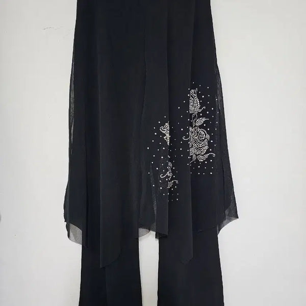 [BUNJANG] Black Rose Cubic Line Dance Outfit (55-66) / 일본산 블랙 화려한 앞뒤 장미큐빅 라인댄스 55-66. 새상품