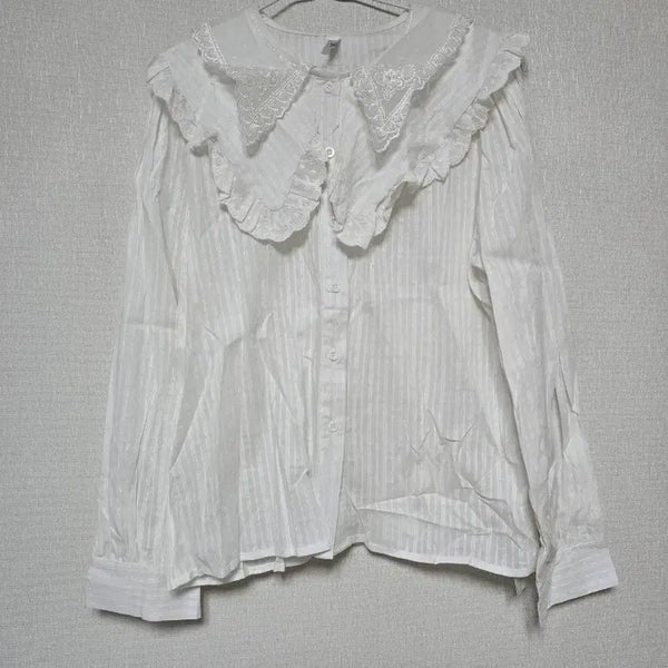 [BUNJANG] White Lace Blouse with Large Collar / 레이스 빅카라 블라우스 화이트