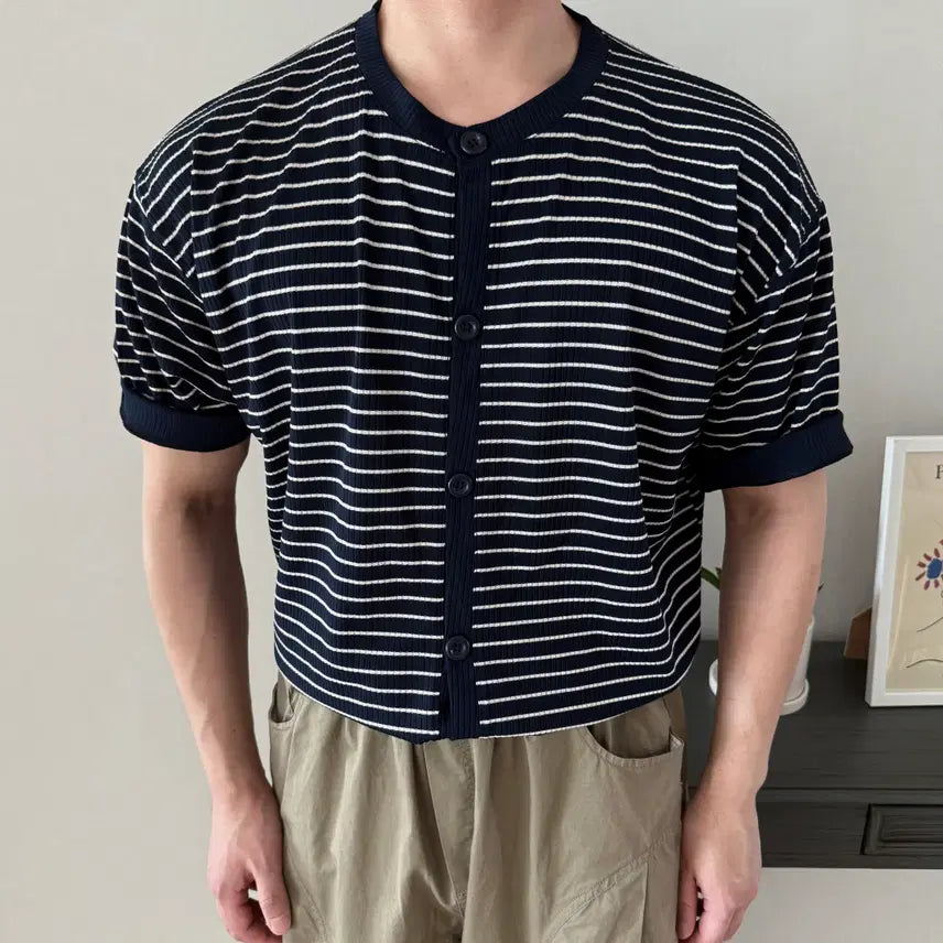 [BUNJANG] Men's Striped Short Sleeve Cardigan / 스트라이프 남자 여름 반팔 가디건