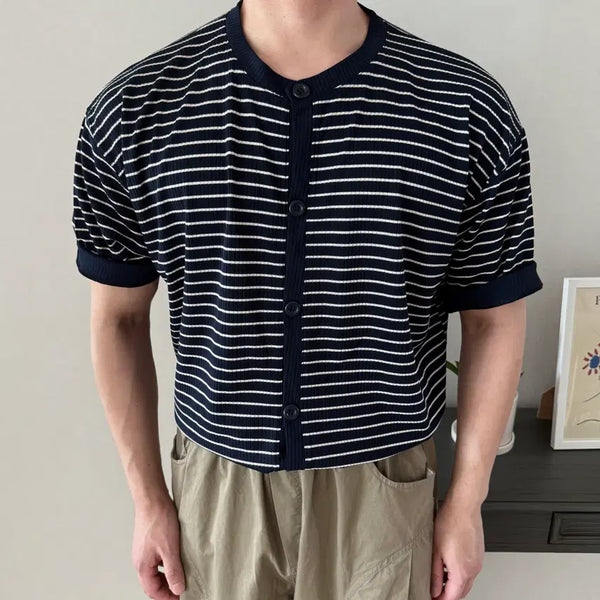 [BUNJANG] Men's Striped Short Sleeve Cardigan / 스트라이프 남자 여름 반팔 가디건