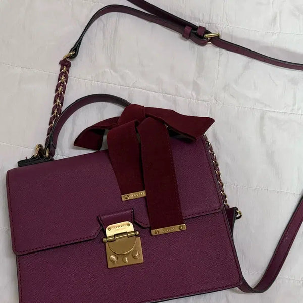 [BUNJANG] Lovecat Wine Color Leather Crossbody Bag with Ribbon Detail / 러브캣 가방 와인색