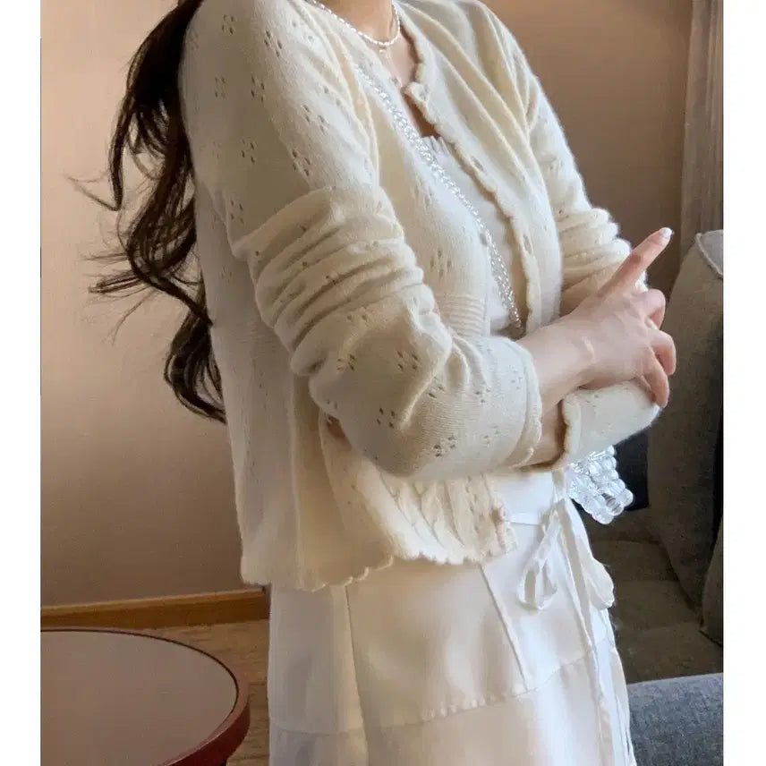 [BUNJANG] Miel Punching Wave Knit Cardigan Cream Merino Wool Cashmere / 미엘 mieL 펀칭 물결 니트 가디건 크림 아이보리 메리노울 캐시미어
