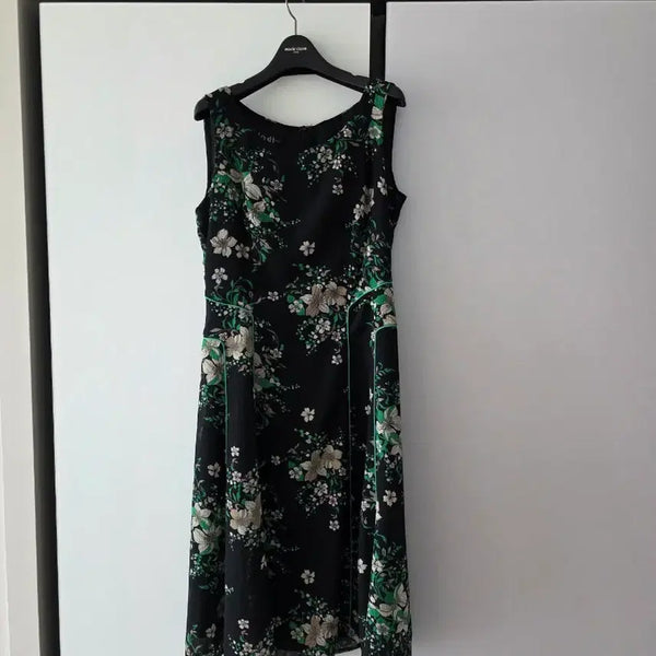 [BUNJANG] Black Chiffon Midi Dress with Green Trim / 원피스