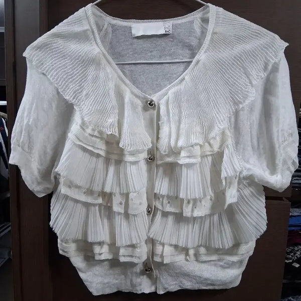 [BUNJANG] EnC White Frill Short Sleeve Cardigan (One Size) / EnC 화이트 프릴 반팔 가디건(프리)