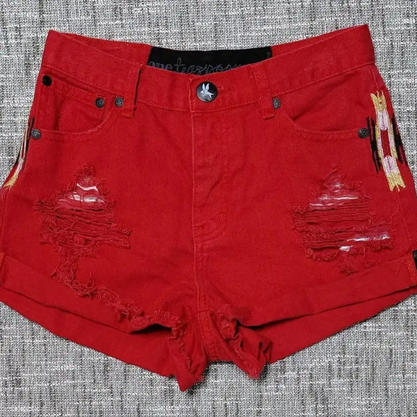 [BUNJANG] One Teaspoon Red Embroidered Distressed Denim Shorts / [26] One Teaspoon 자수 포인트 레드 데미지 숏팬츠