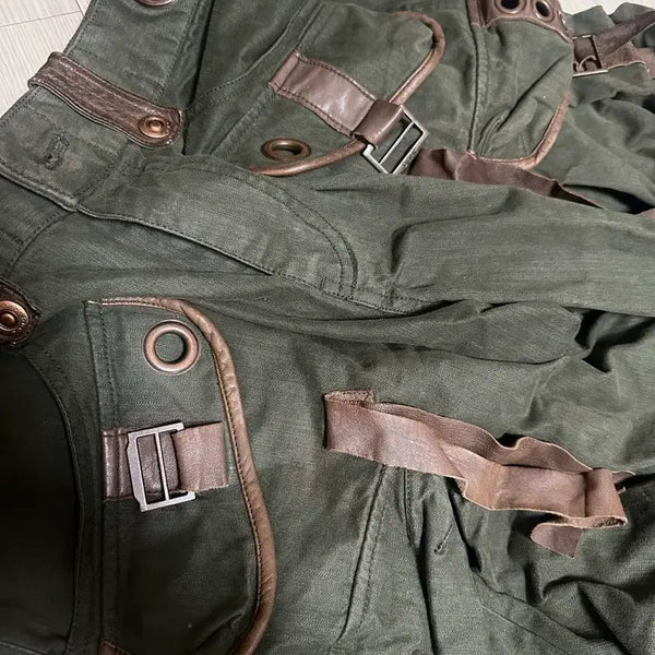 [BUNJANG] Vintage Khaki Wide Track Cargo Pants with DOHC Buckle / 빈티지 카키 와이드 트랙카고팬츠 DOHC 버클 새깅