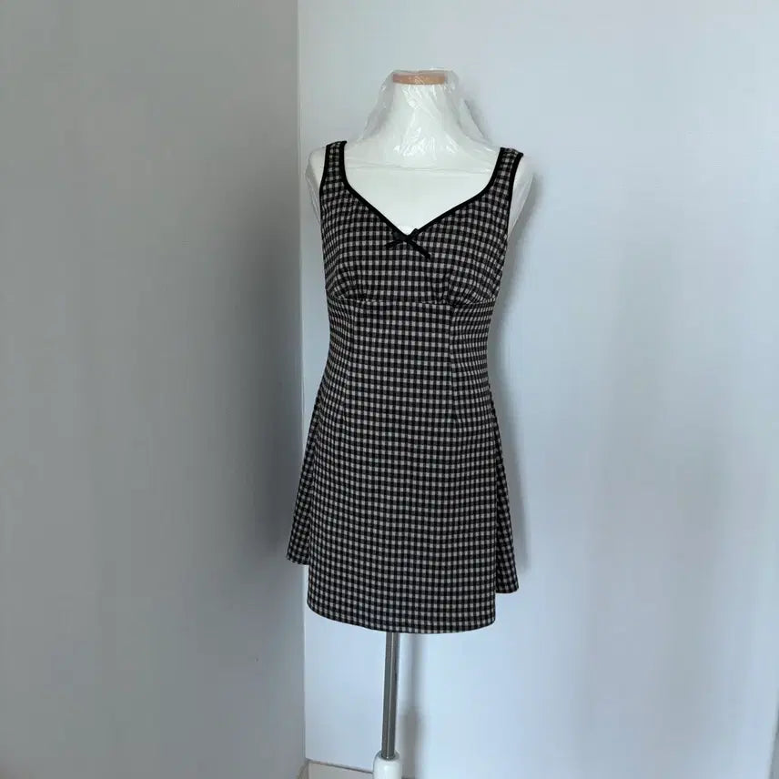 [BUNJANG] Gingham Check Bustier Mini Dress with Ribbon Detail / 깅엄체크 뷔스티에 미니 원피스 리본포인트
